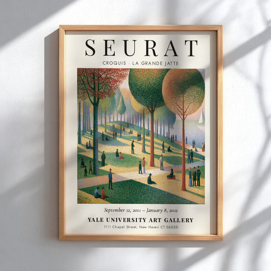 Seurat exhibition poster featuring Croquis La Grande Jatte with vibrant colors and serene park scene
