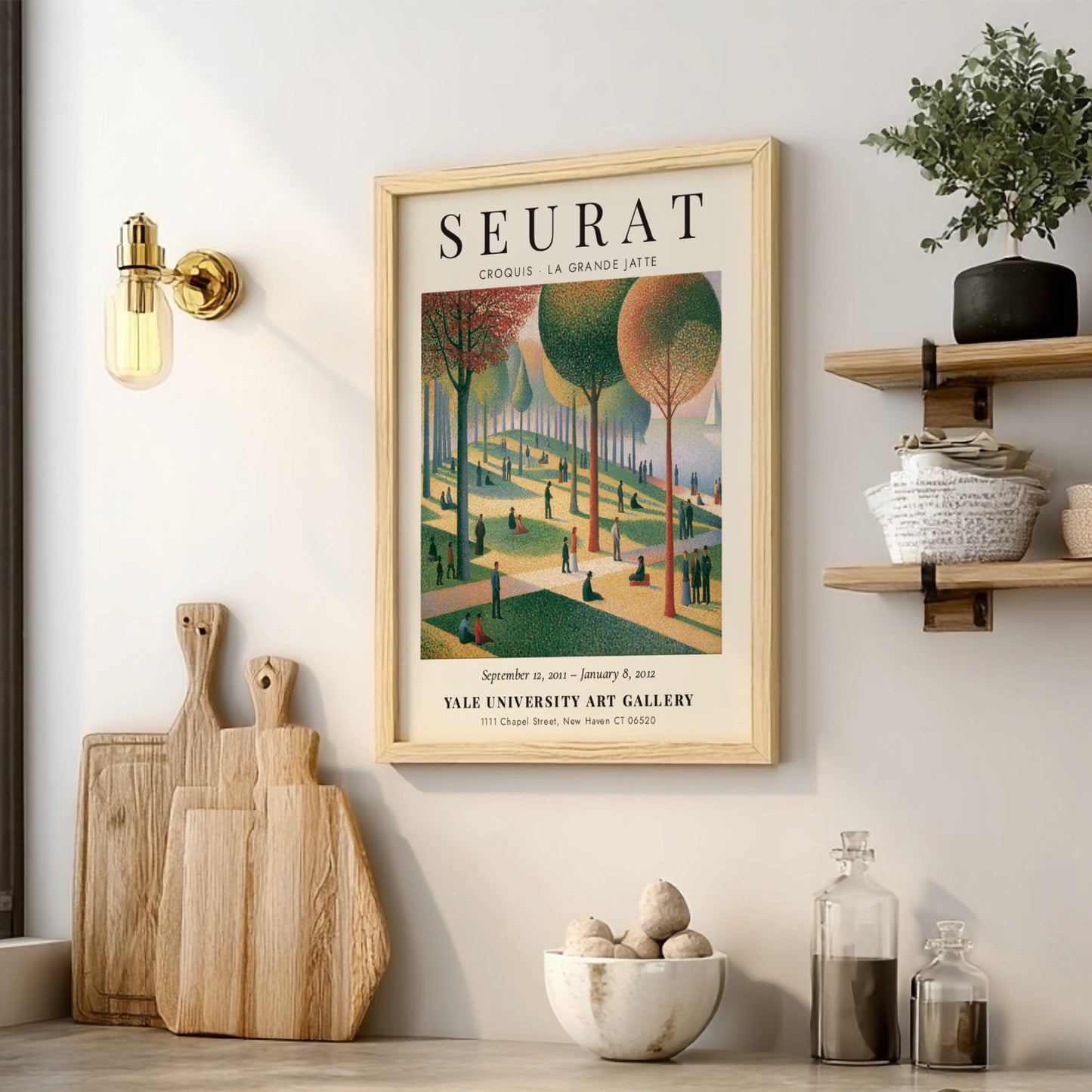Seurat exhibition poster featuring Croquis La Grande Jatte with vibrant colors and serene park scene