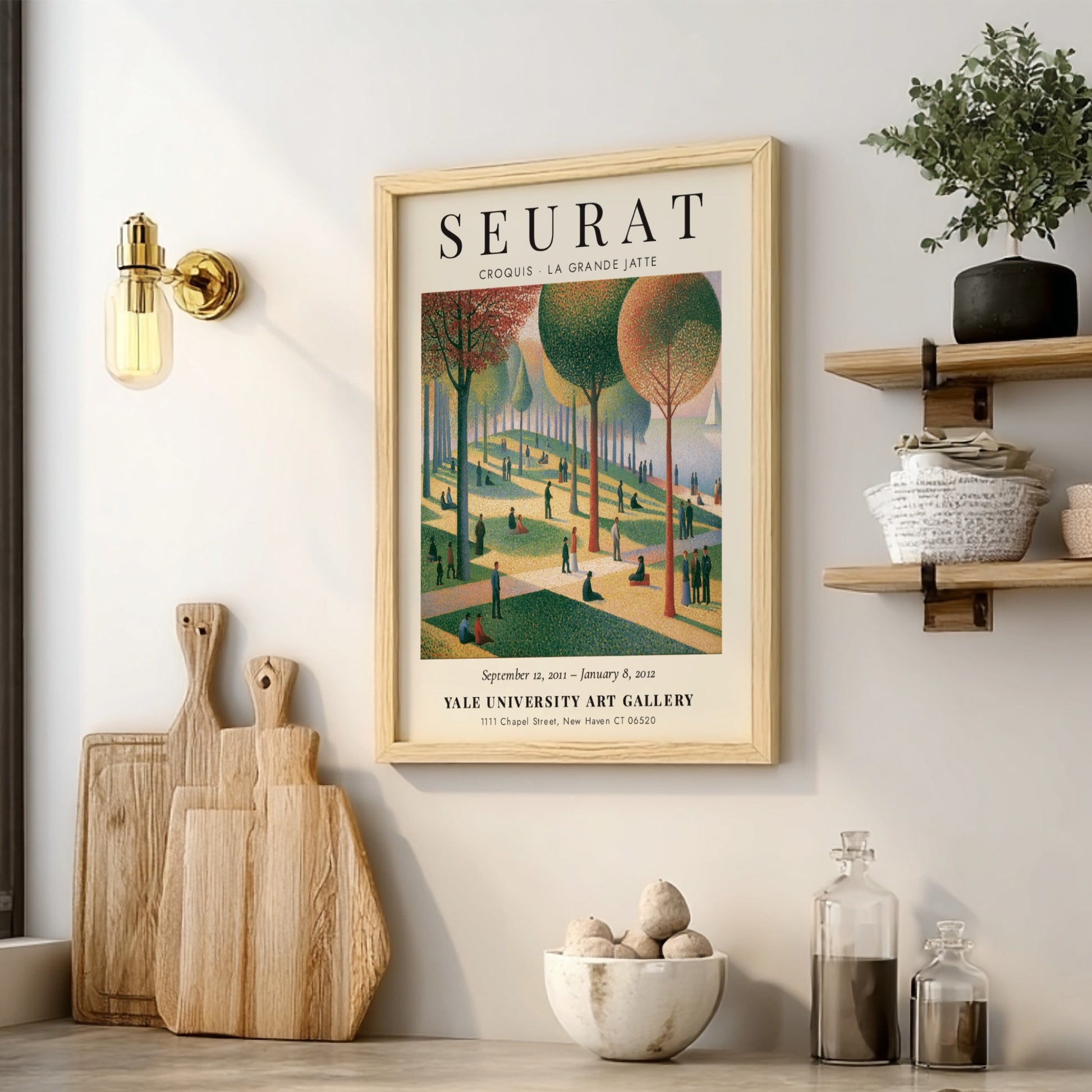 Seurat exhibition poster featuring Croquis La Grande Jatte with vibrant colors and serene park scene
