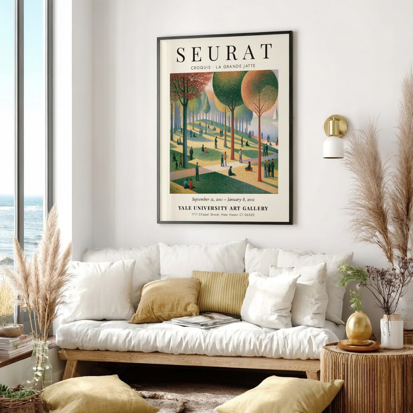 Seurat exhibition poster featuring Croquis La Grande Jatte with vibrant colors and serene park scene