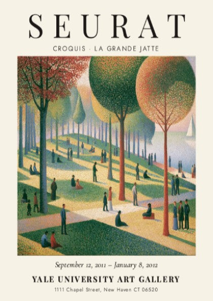 Seurat exhibition poster featuring Croquis La Grande Jatte with vibrant colors and serene park scene