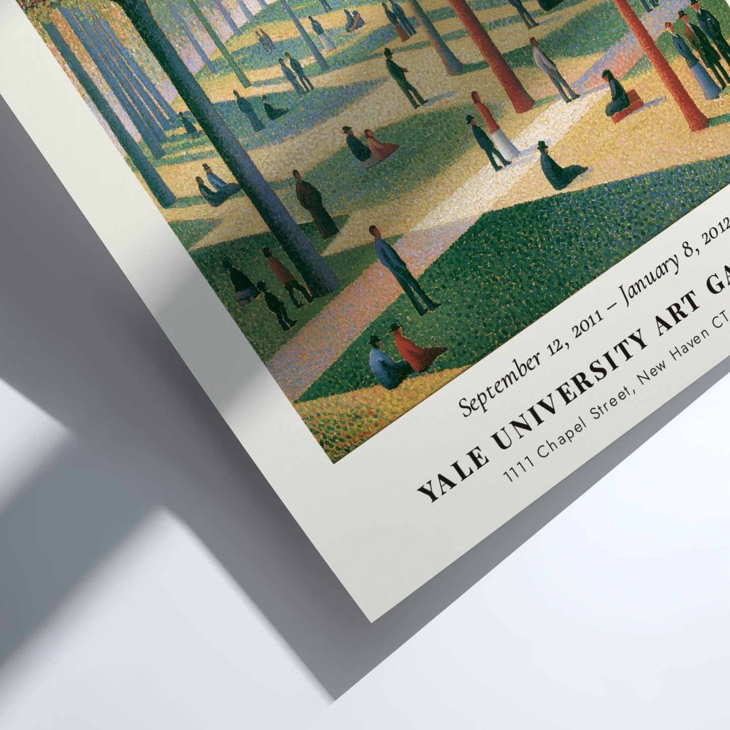 Seurat exhibition poster featuring Croquis La Grande Jatte with vibrant colors and serene park scene