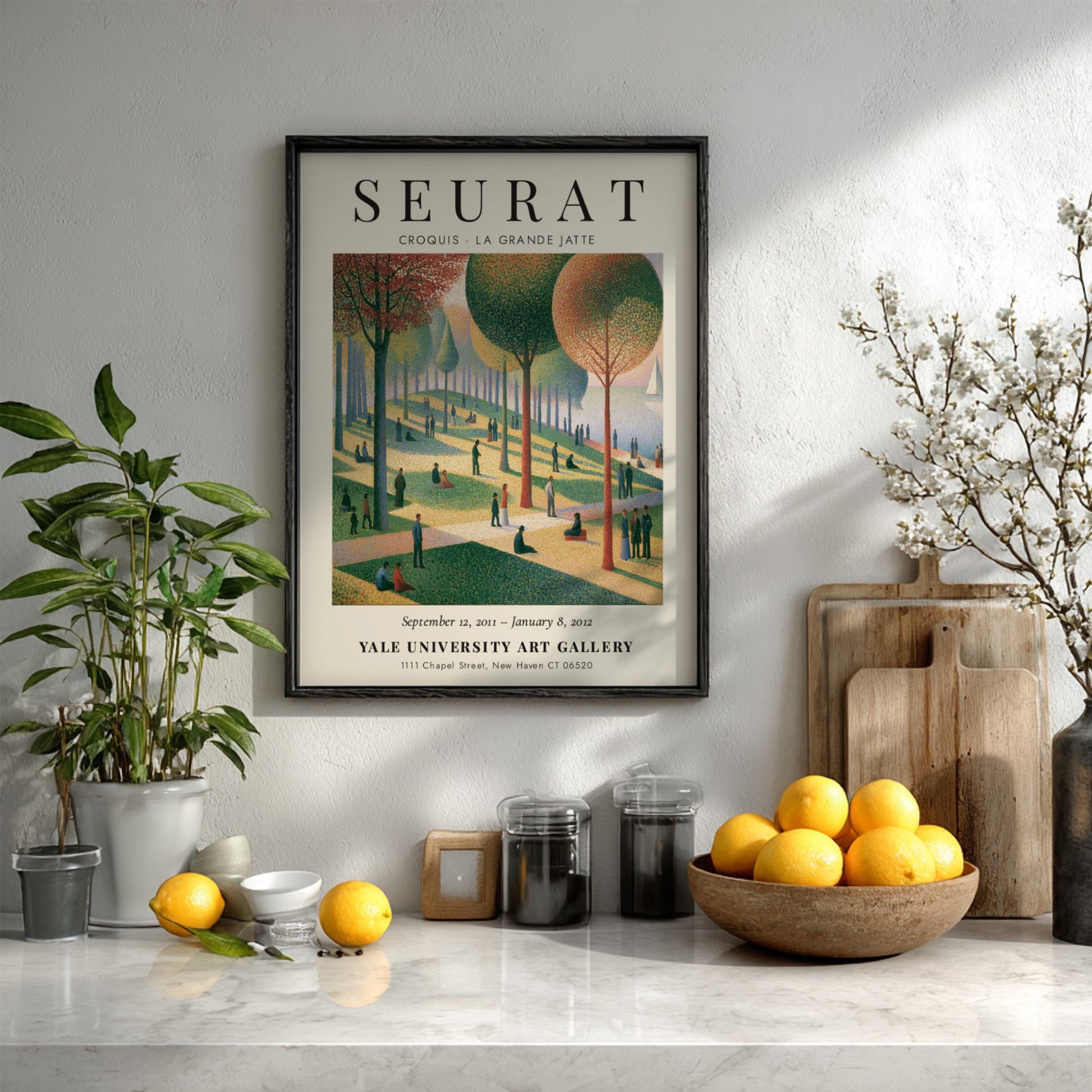 Seurat exhibition poster featuring Croquis La Grande Jatte with vibrant colors and serene park scene