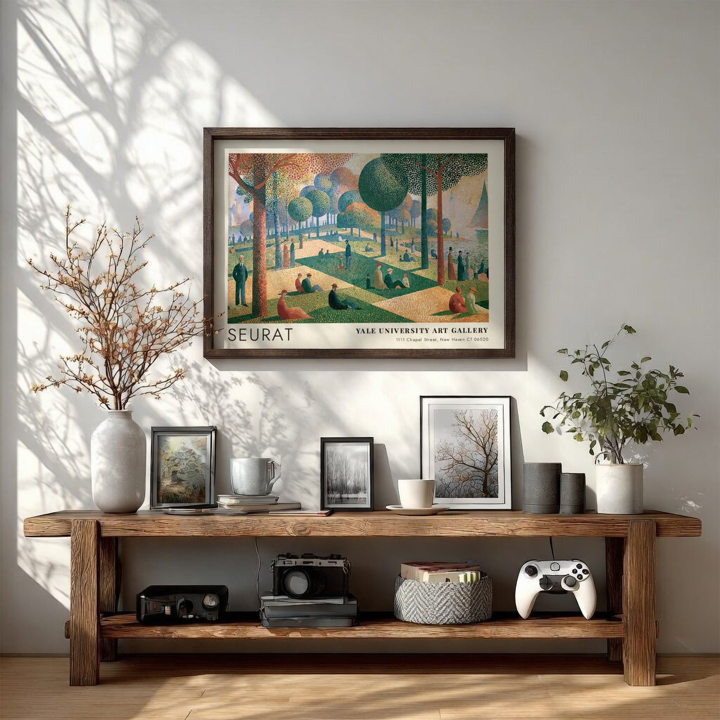 Wall art poster featuring Seurat La Grande Jatte painting in a wooden frame.