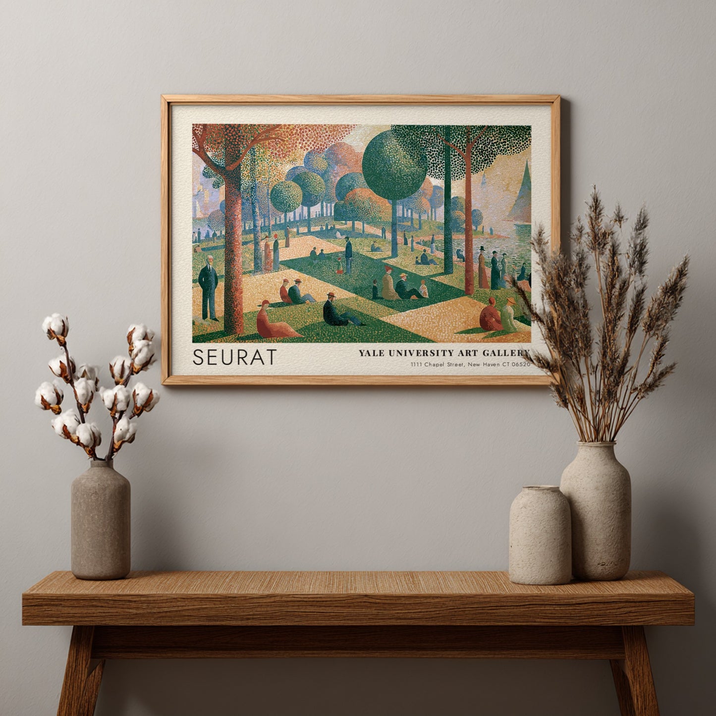 Wall art poster featuring Seurat La Grande Jatte painting in a wooden frame.