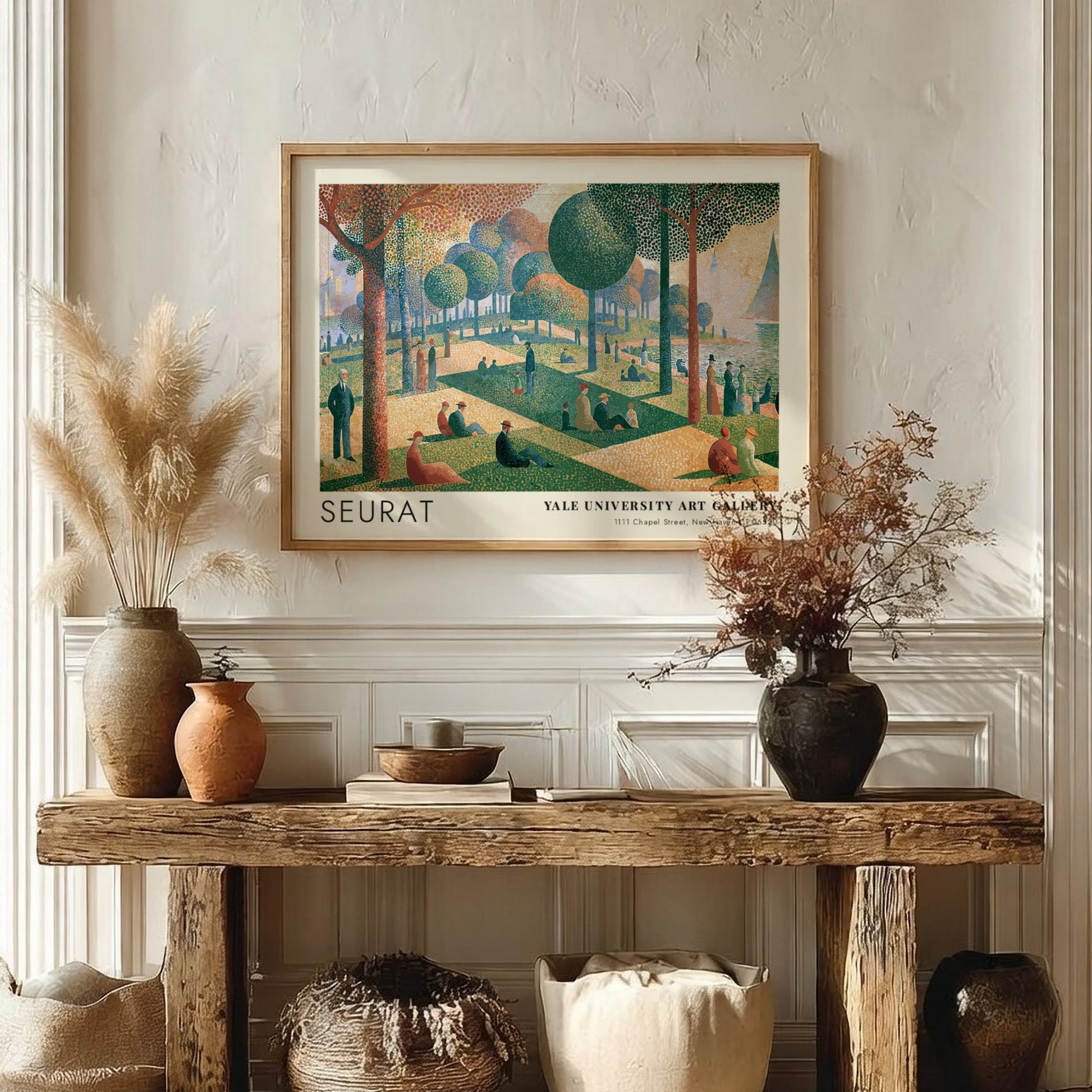 Wall art poster featuring Seurat La Grande Jatte painting in a wooden frame.