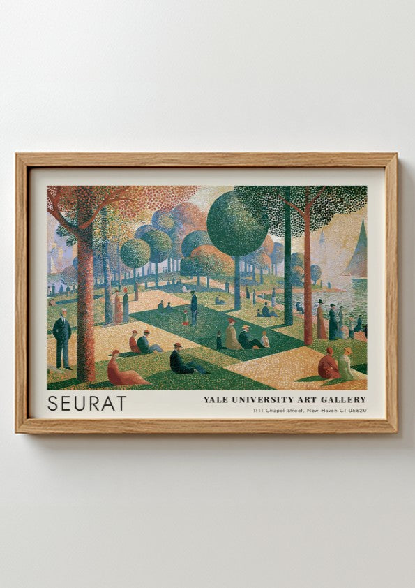 Wall art poster featuring Seurat La Grande Jatte painting in a wooden frame.