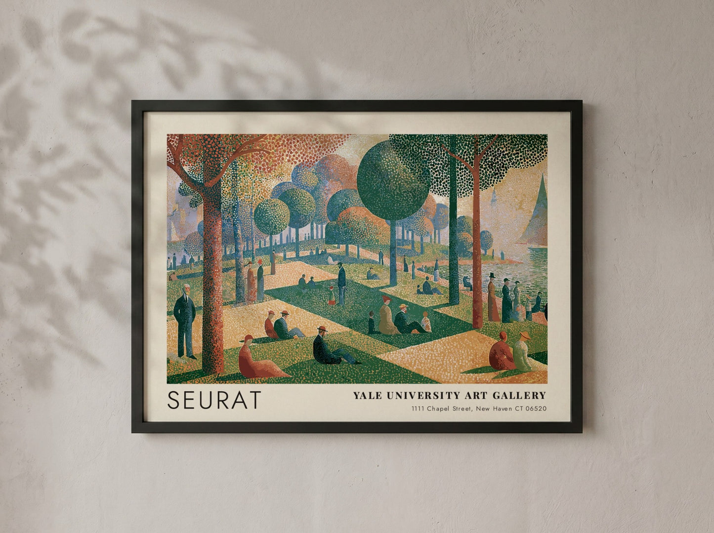Wall art poster featuring Seurat La Grande Jatte painting in a wooden frame.