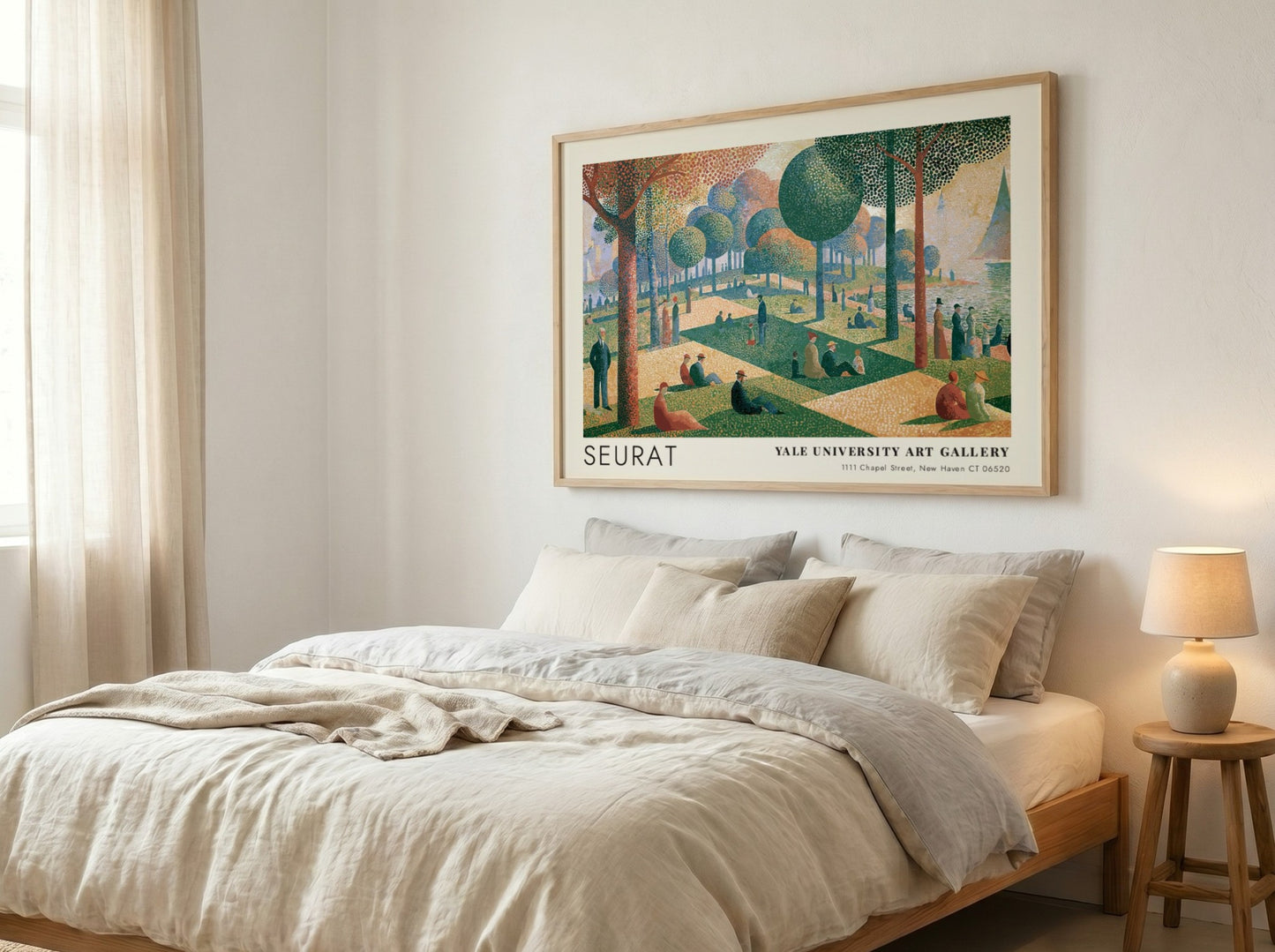 Wall art poster featuring Seurat La Grande Jatte painting in a wooden frame.
