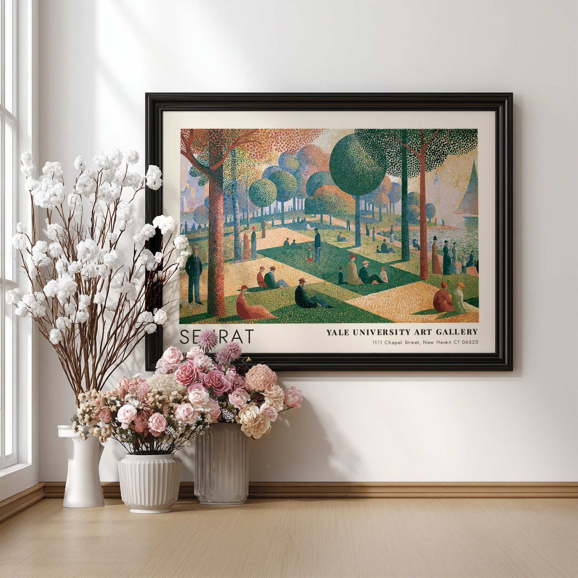Wall art poster featuring Seurat La Grande Jatte painting in a wooden frame.