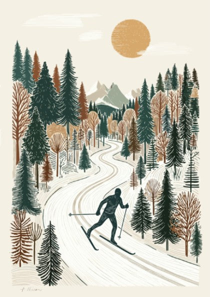 Textured print of a person cross-country skiing on a snowy path through a winter forest, with a sun and