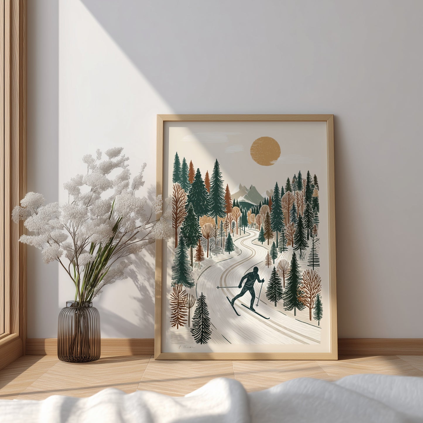 Textured print of a person cross-country skiing on a snowy path through a winter forest, with a sun and