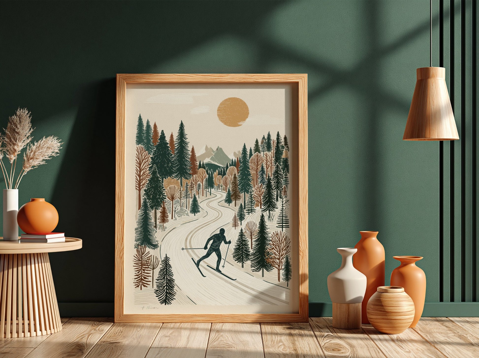 Textured print of a person cross-country skiing on a snowy path through a winter forest, with a sun and