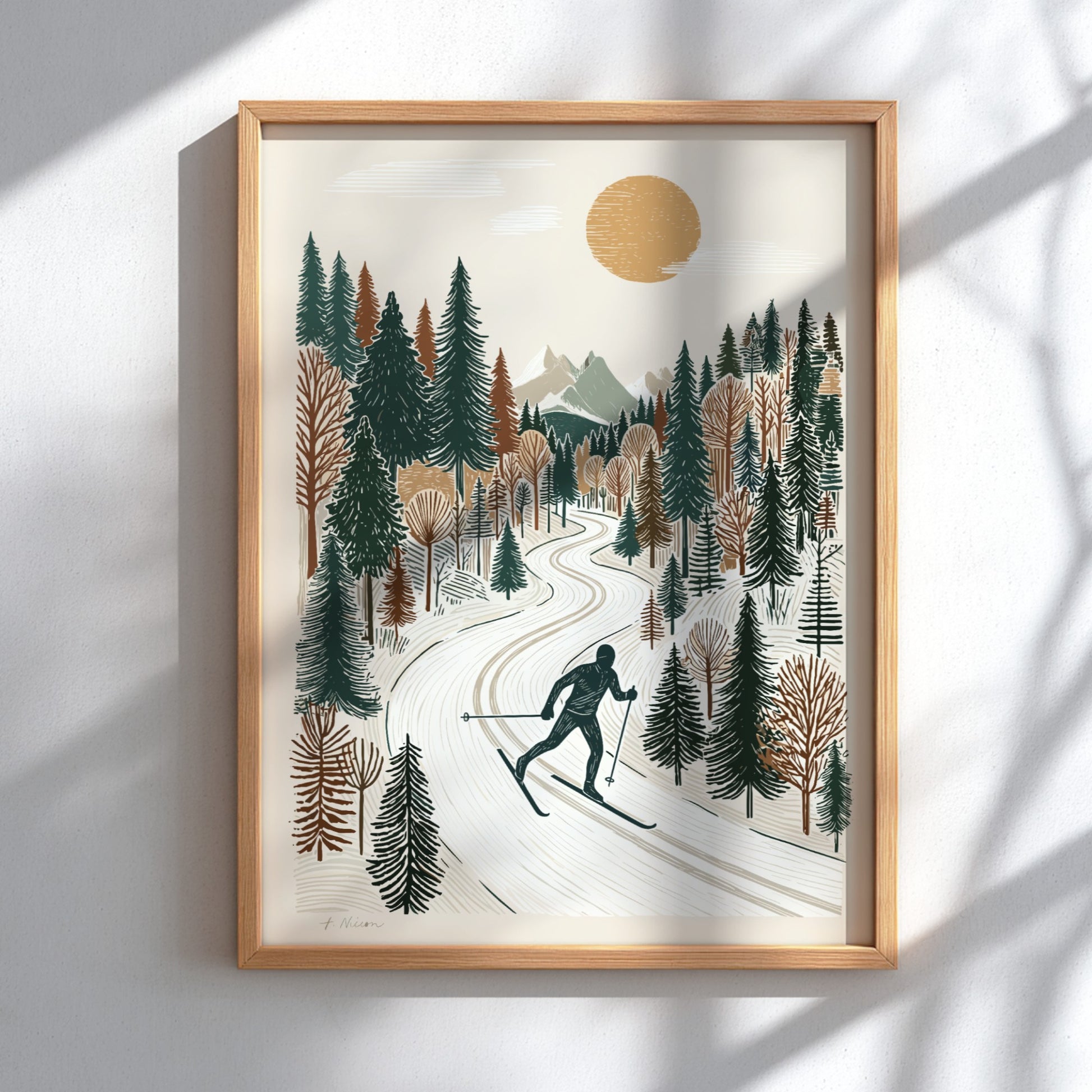 Textured print of a person cross-country skiing on a snowy path through a winter forest, with a sun and