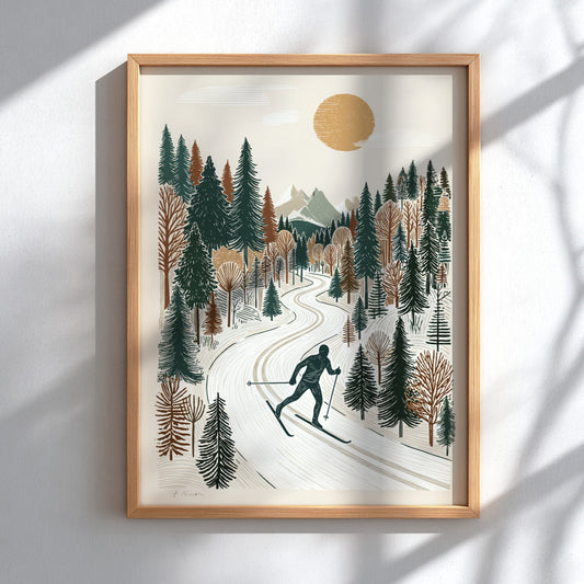 Textured print of a person cross-country skiing on a snowy path through a winter forest, with a sun and