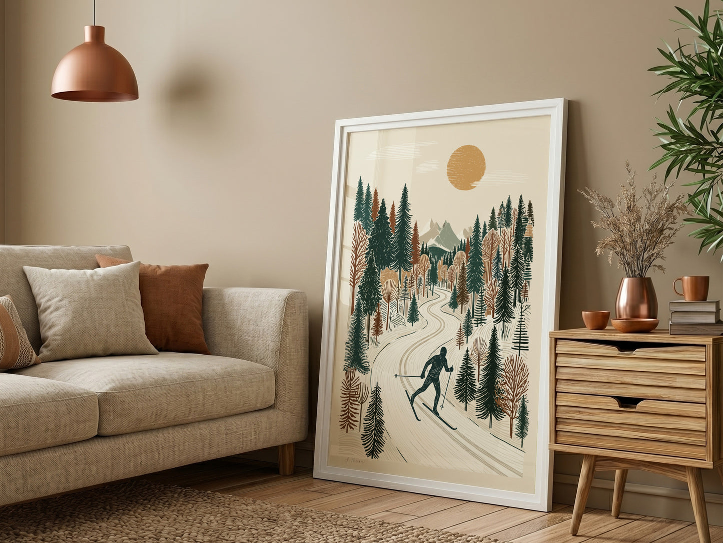 Textured print of a person cross-country skiing on a snowy path through a winter forest, with a sun and