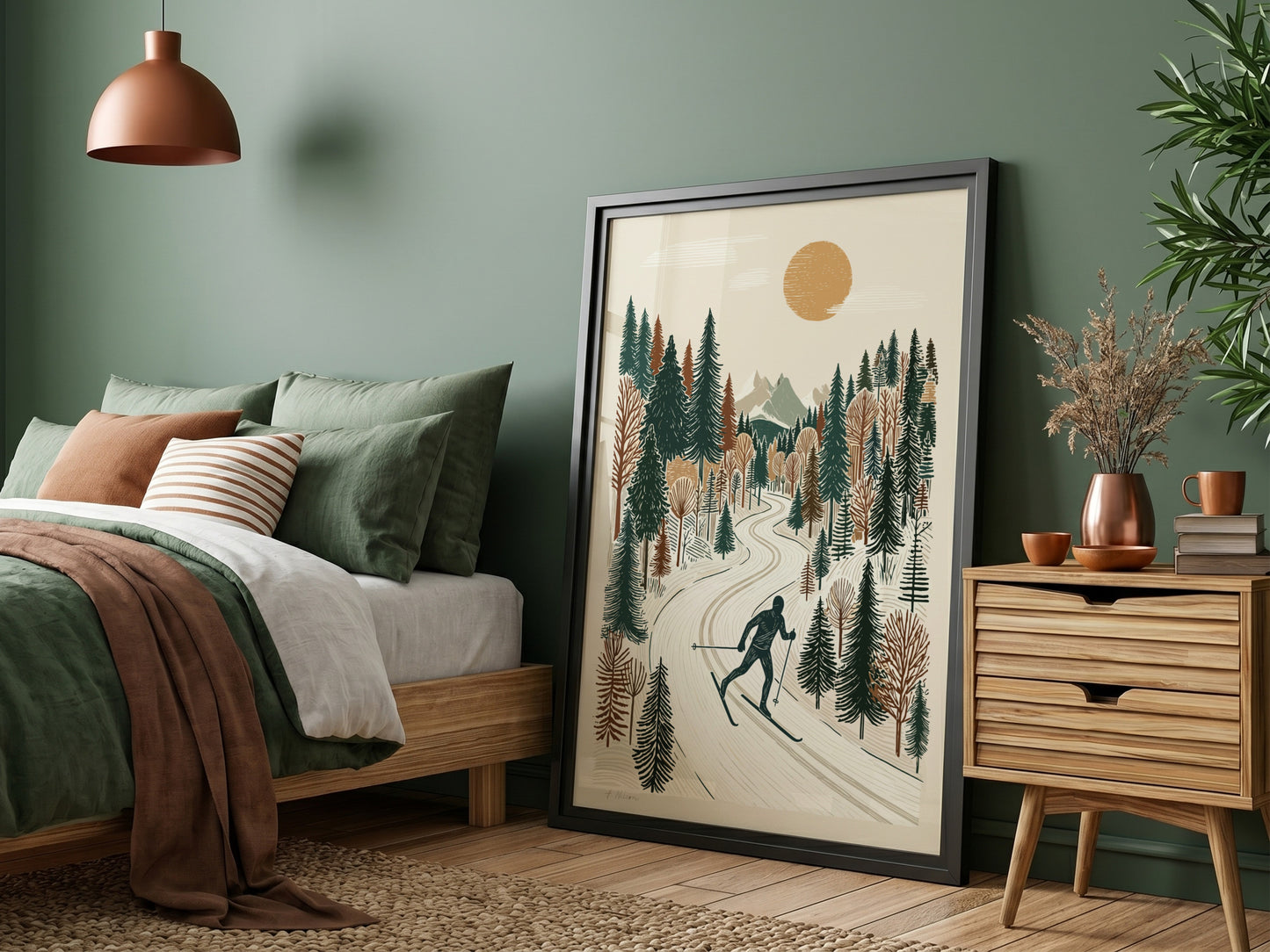 Textured print of a person cross-country skiing on a snowy path through a winter forest, with a sun and