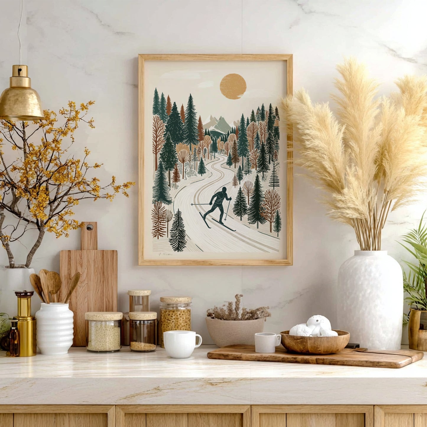 Textured print of a person cross-country skiing on a snowy path through a winter forest, with a sun and