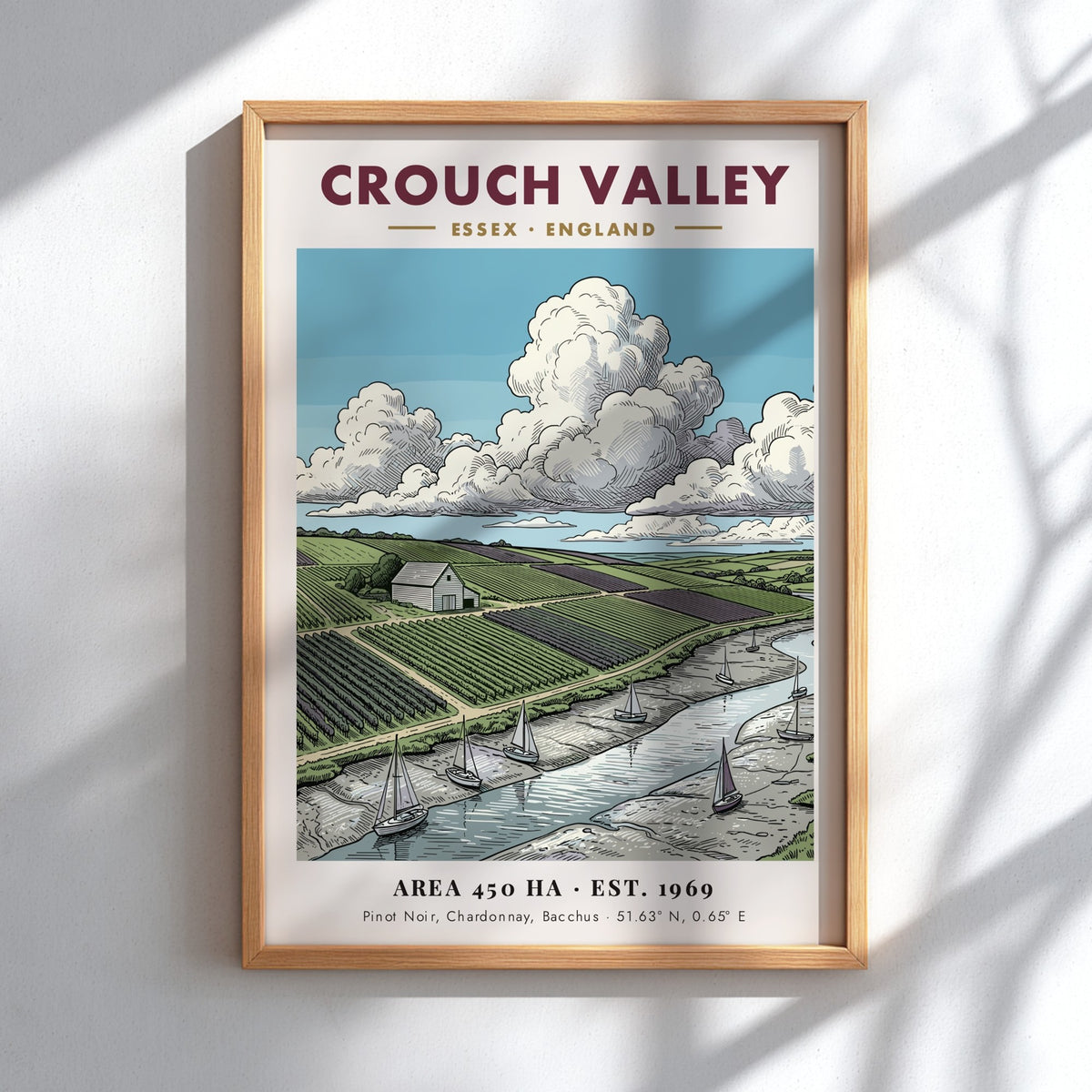 Poster of Crouch Valley in Essex featuring rolling vineyards, a river, and sailboats.