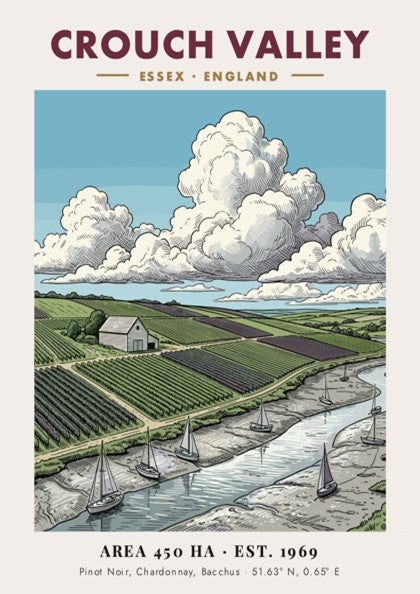Poster of Crouch Valley in Essex featuring rolling vineyards, a river, and sailboats.