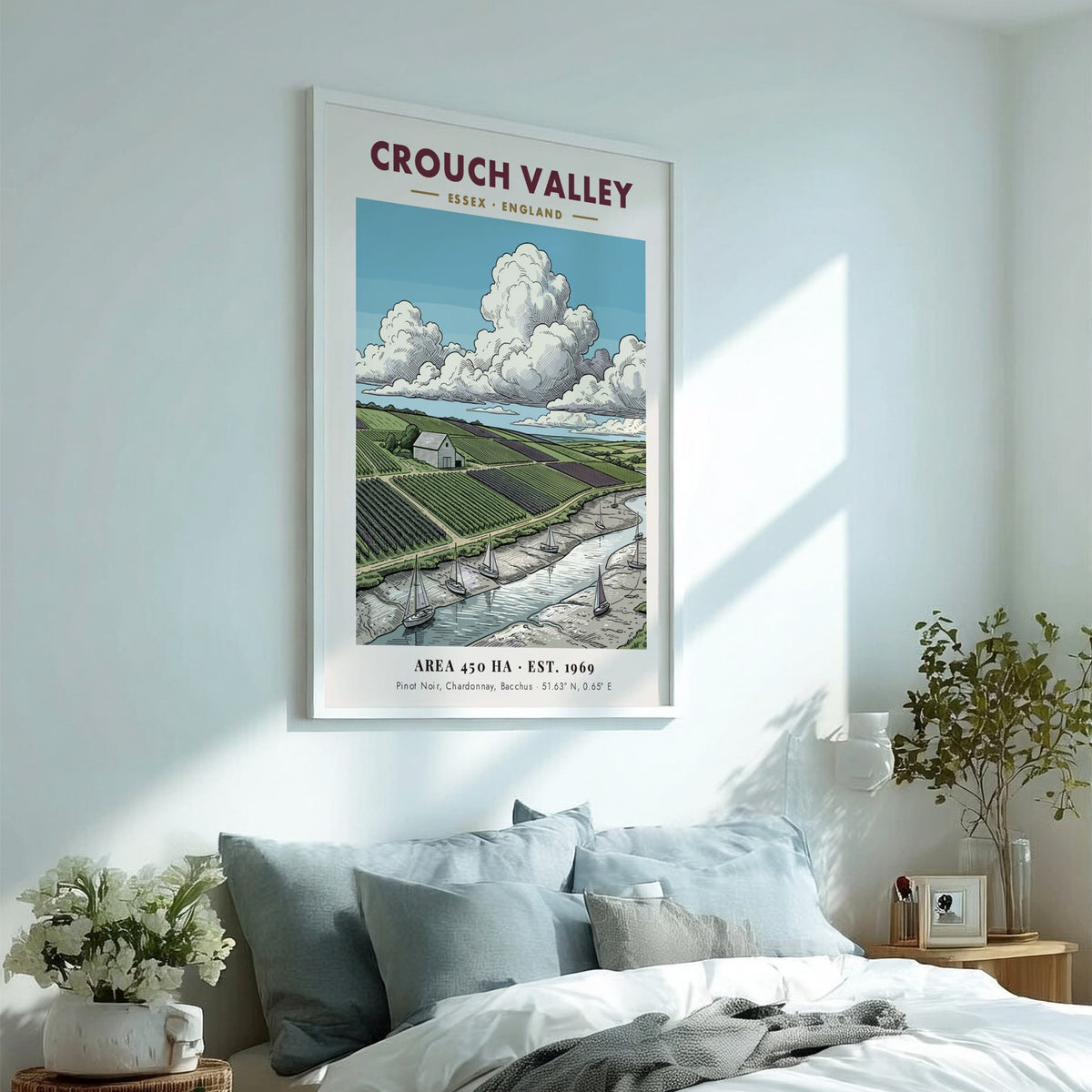 Poster of Crouch Valley in Essex featuring rolling vineyards, a river, and sailboats.