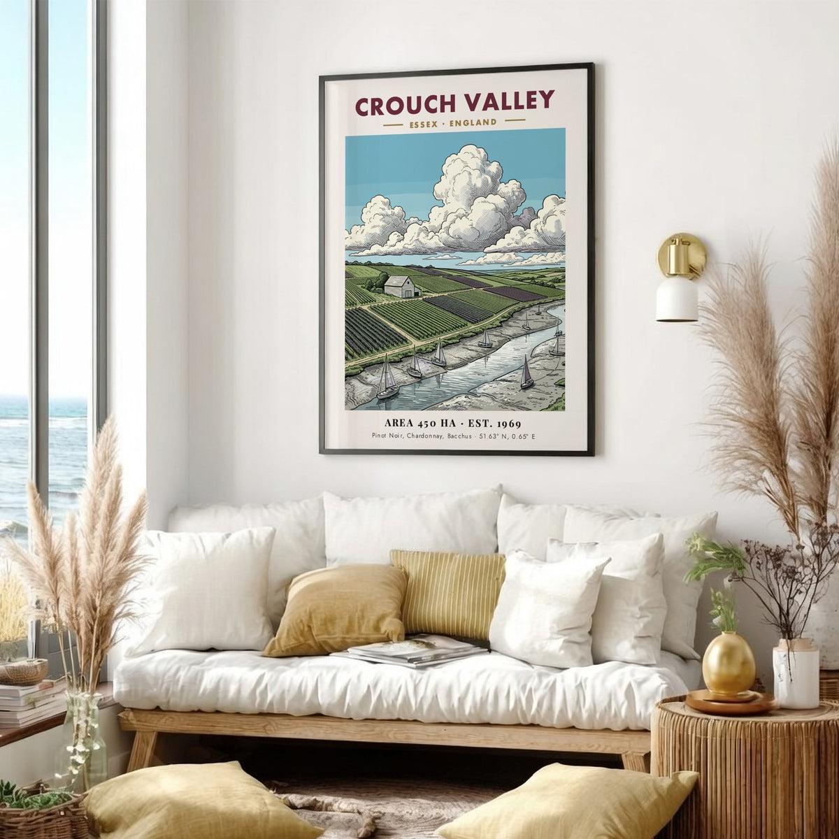 Poster of Crouch Valley in Essex featuring rolling vineyards, a river, and sailboats.