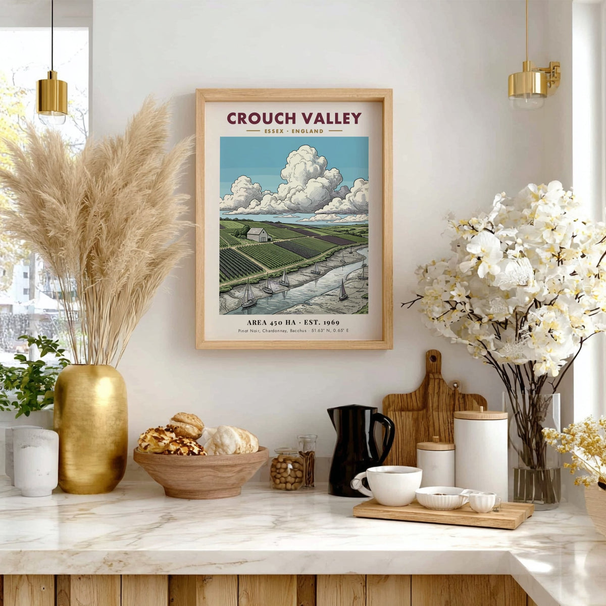Poster of Crouch Valley in Essex featuring rolling vineyards, a river, and sailboats.