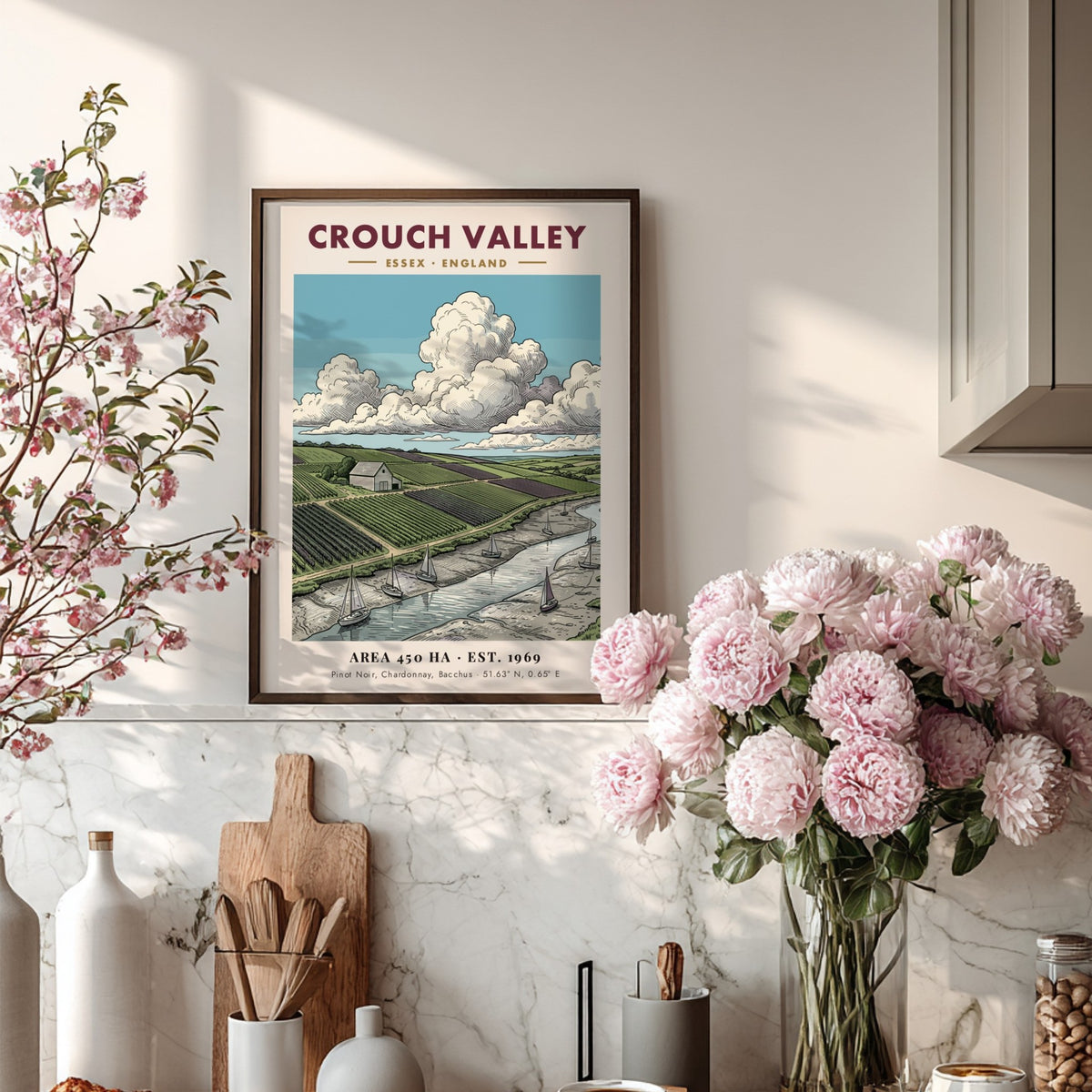 Poster of Crouch Valley in Essex featuring rolling vineyards, a river, and sailboats.