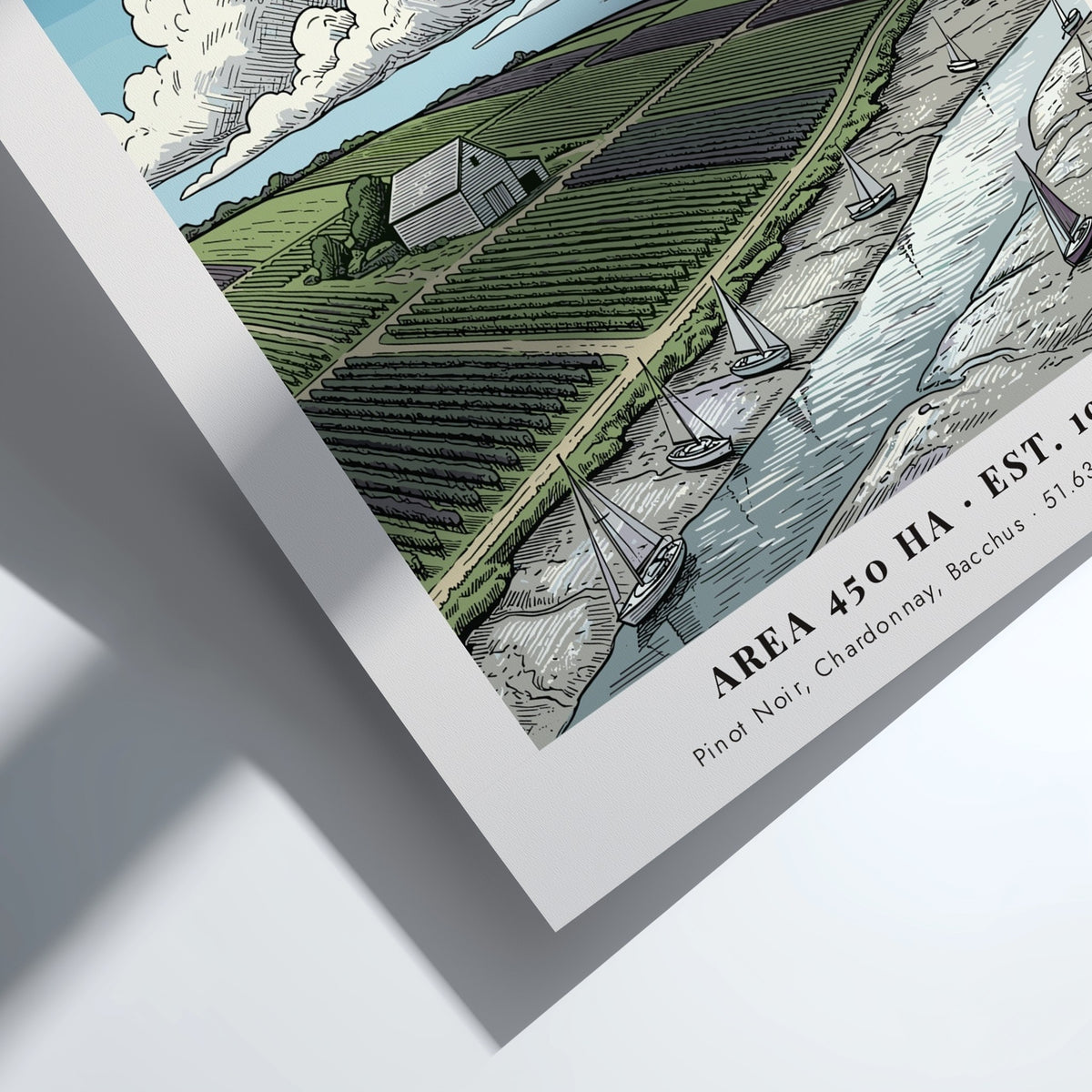 Poster of Crouch Valley in Essex featuring rolling vineyards, a river, and sailboats.