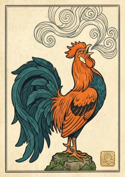 Japanese art style poster featuring a colorful crowing rooster with swirling smoke