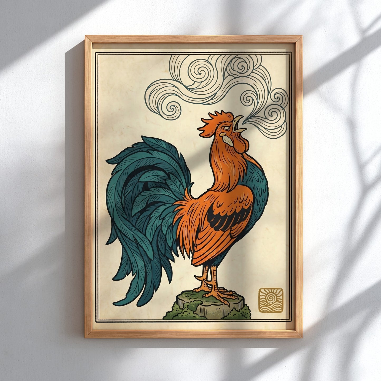 Japanese art style poster featuring a colorful crowing rooster with swirling smoke