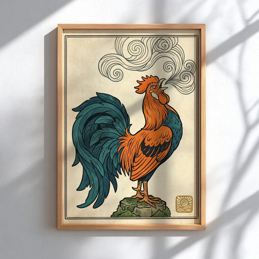 Japanese art style poster featuring a colorful crowing rooster with swirling smoke