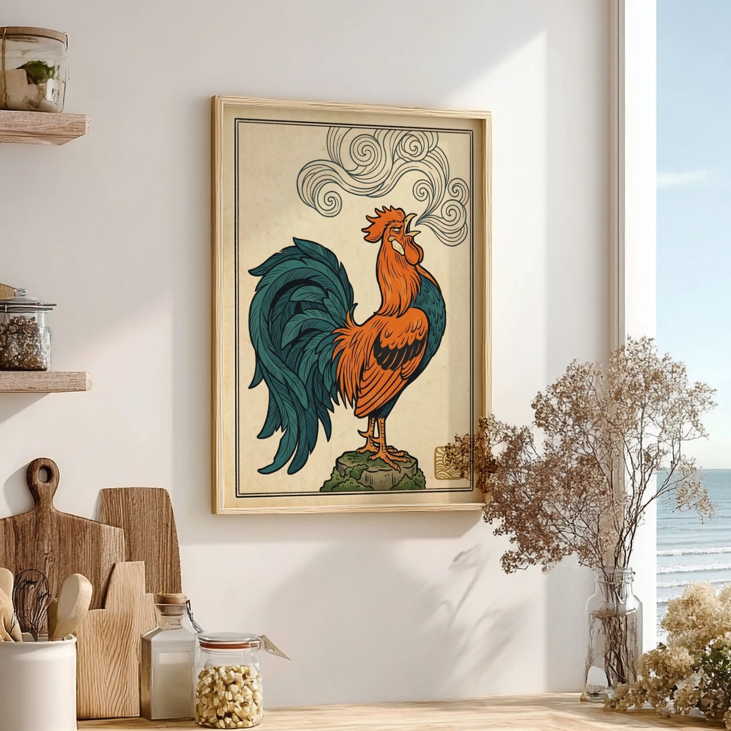 Japanese art style poster featuring a colorful crowing rooster with swirling smoke