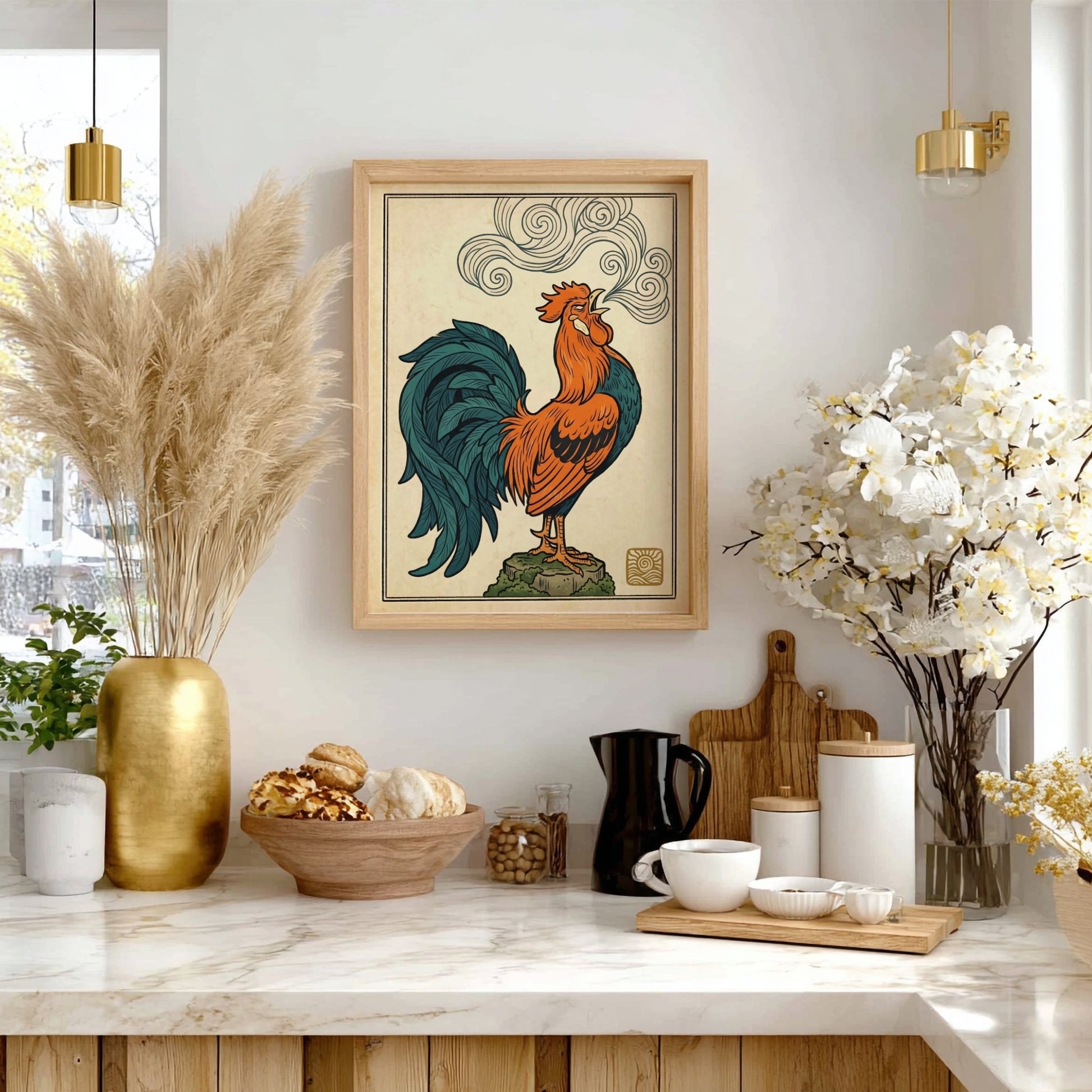 Japanese art style poster featuring a colorful crowing rooster with swirling smoke