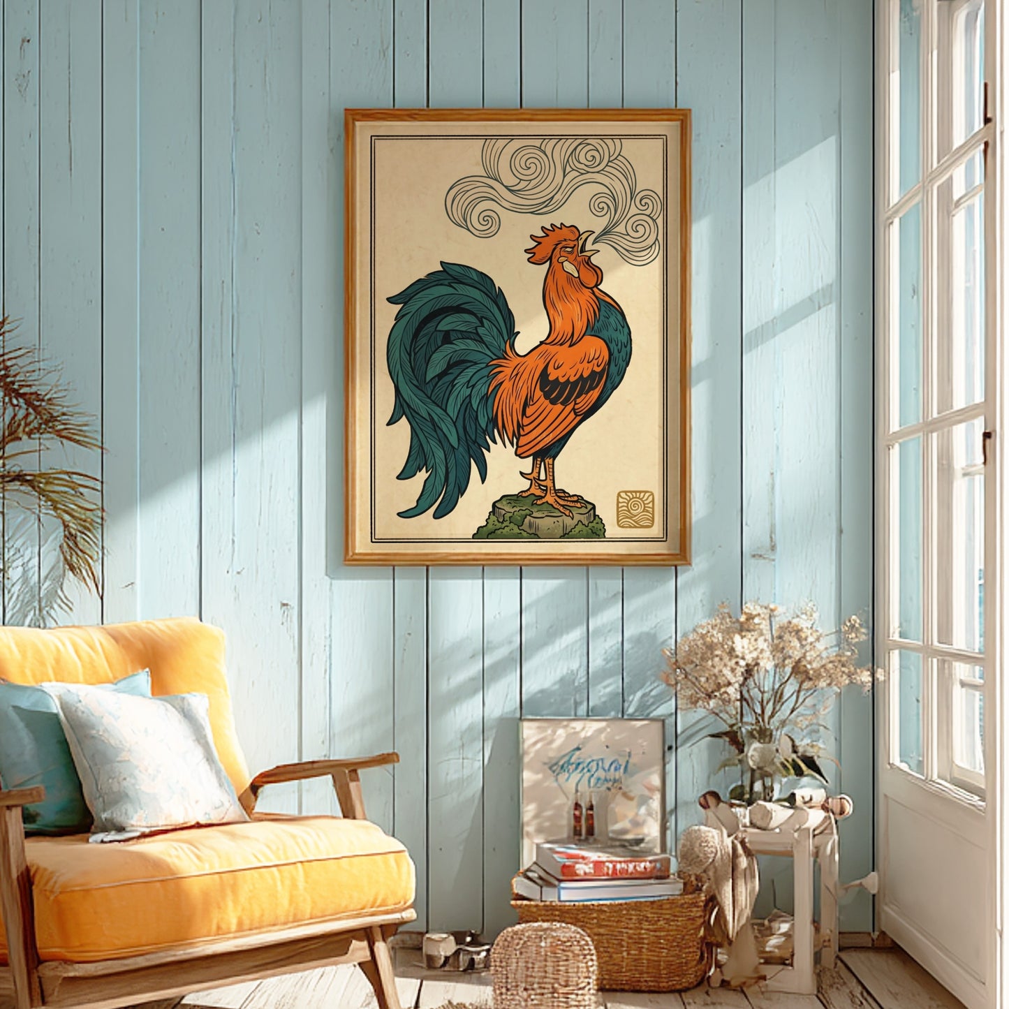 Japanese art style poster featuring a colorful crowing rooster with swirling smoke