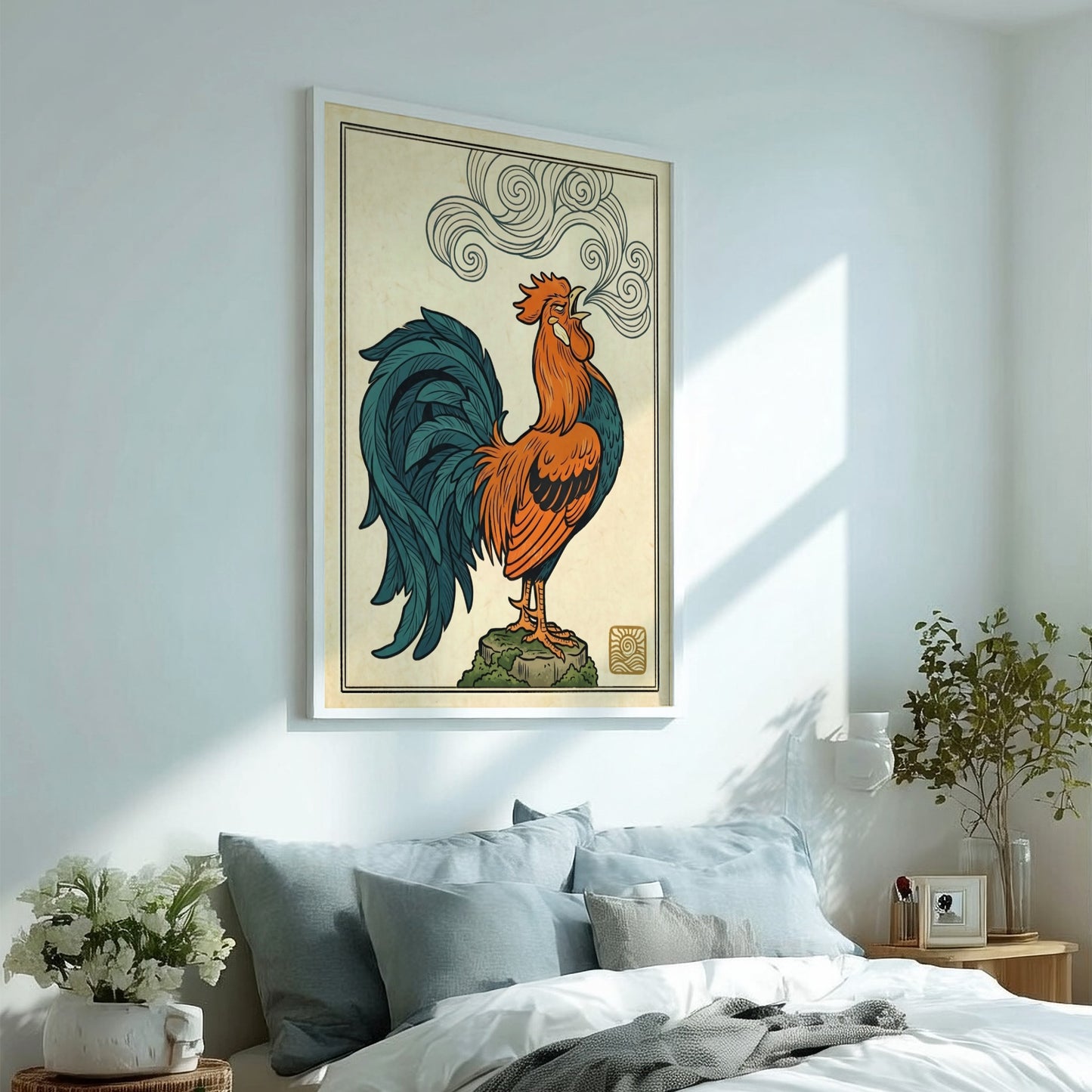 Japanese art style poster featuring a colorful crowing rooster with swirling smoke