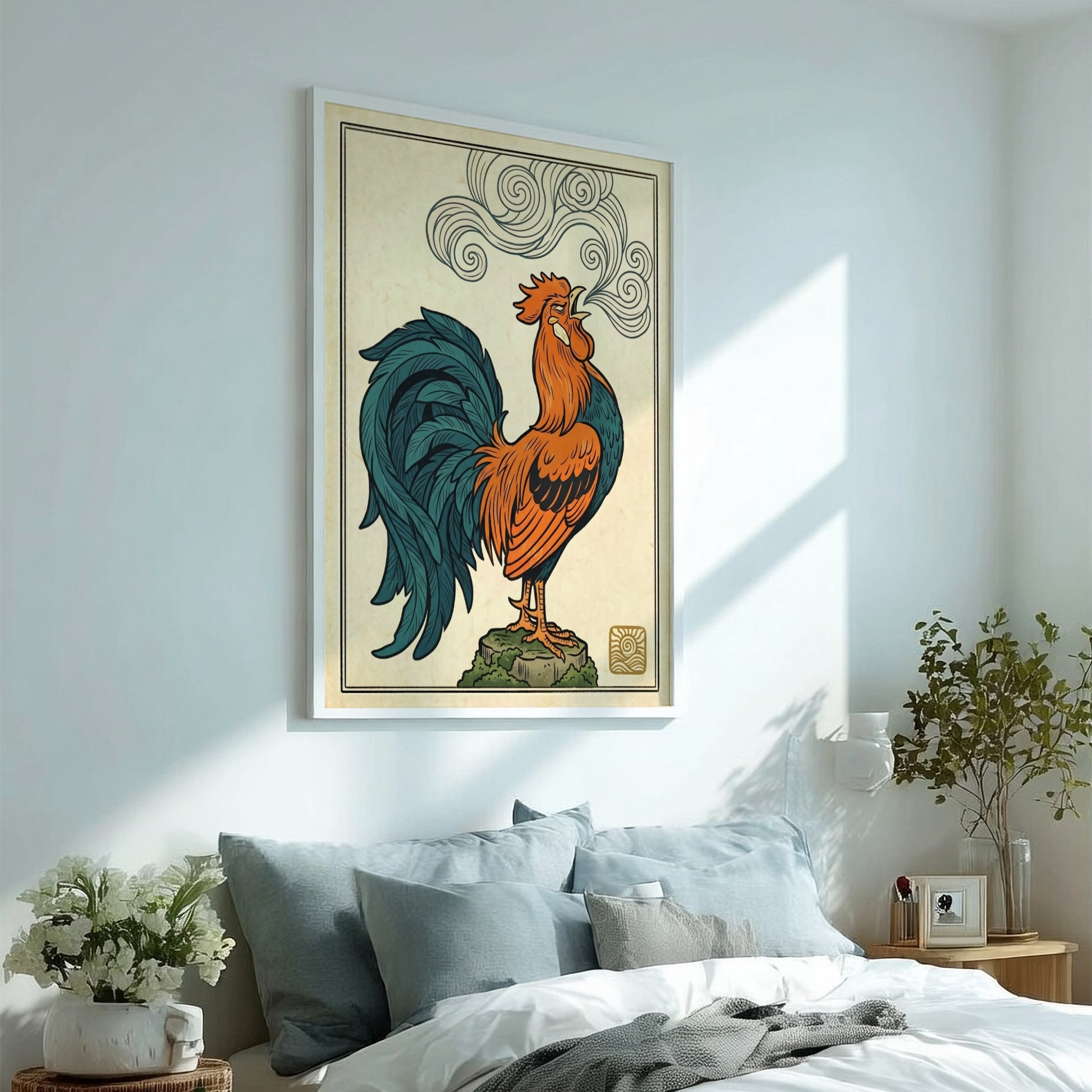 Japanese art style poster featuring a colorful crowing rooster with swirling smoke