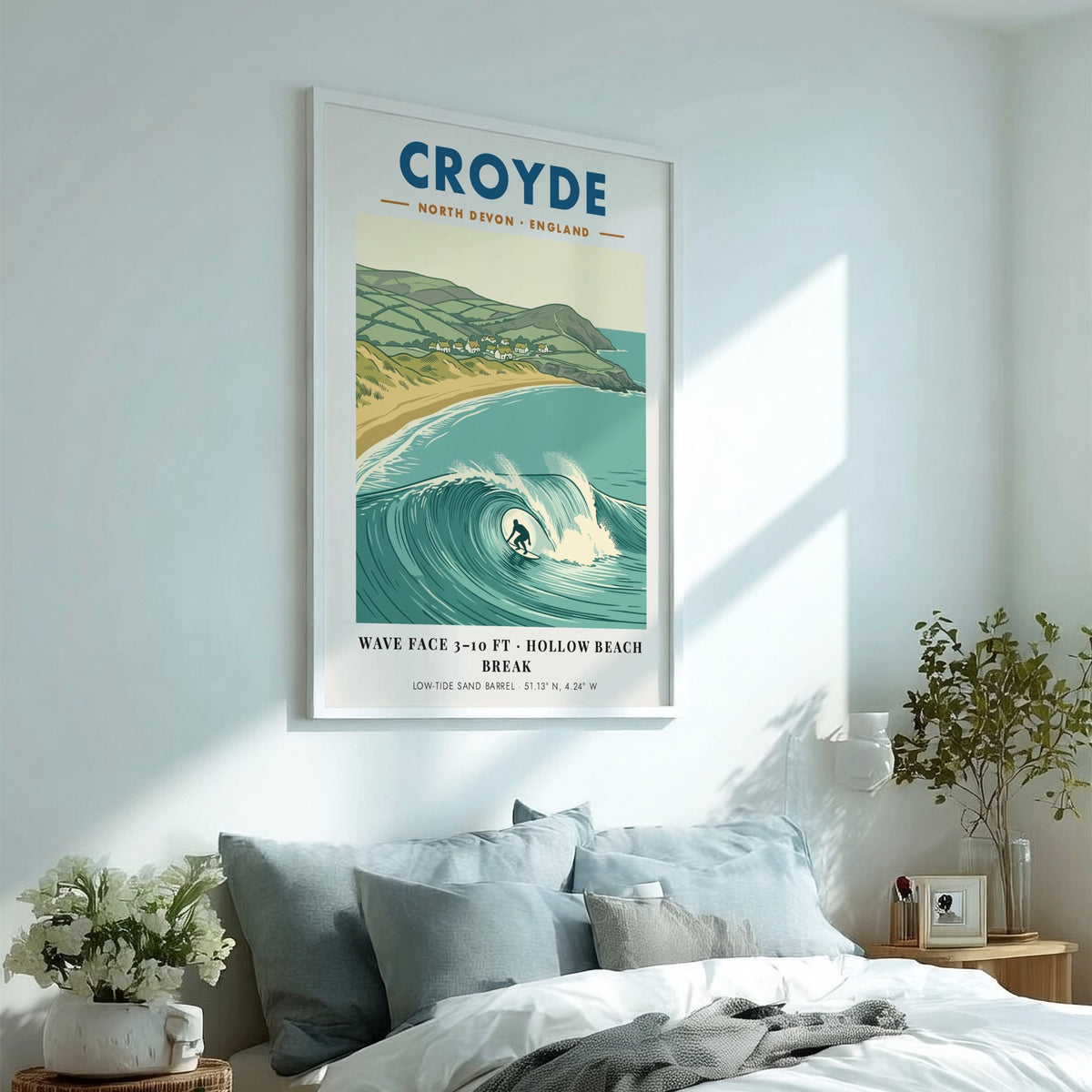 Poster of a surfer inside a large hollow wave at Croyde North Devon beach