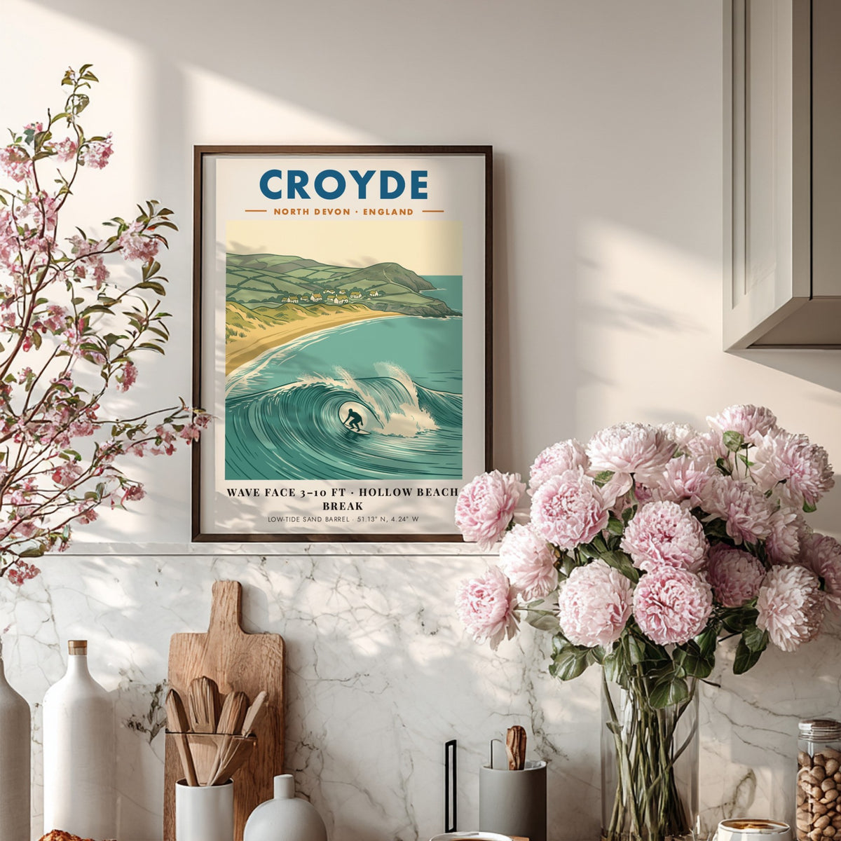 Poster of a surfer inside a large hollow wave at Croyde North Devon beach
