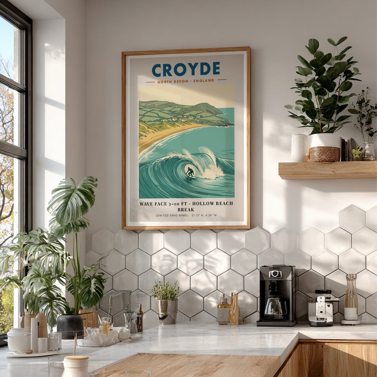 Poster of a surfer inside a large hollow wave at Croyde North Devon beach