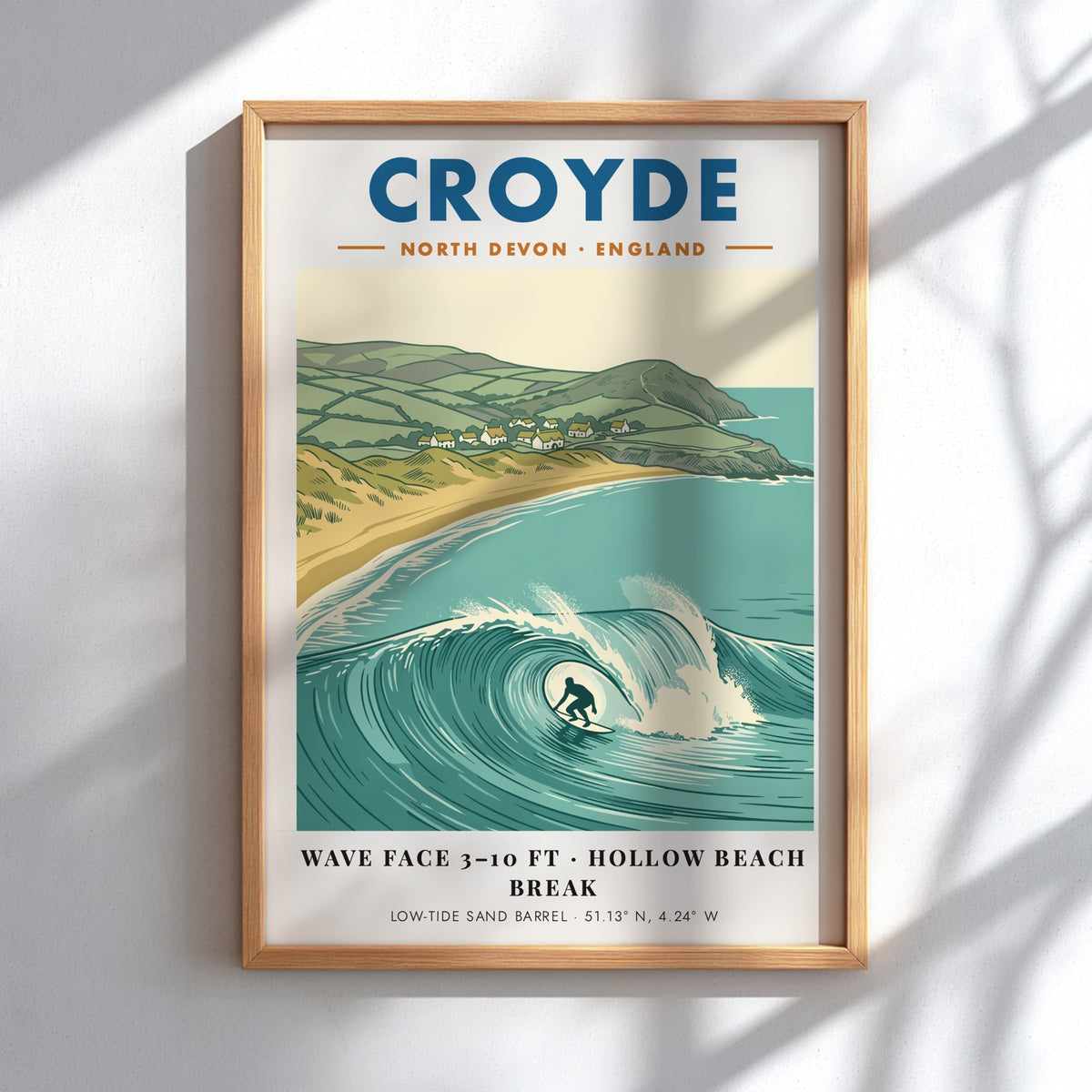 Poster of a surfer inside a large hollow wave at Croyde North Devon beach