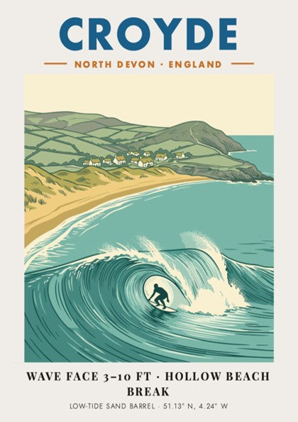 Poster of a surfer inside a large hollow wave at Croyde North Devon beach