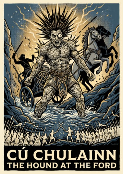 Poster of Cú Chulainn, the legendary Irish hero, standing in a river with knotwork.