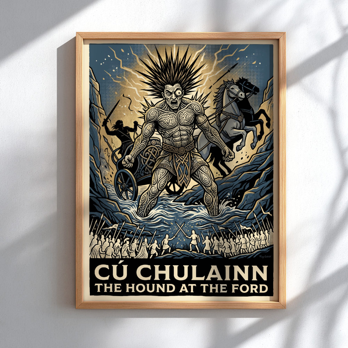 Poster of Cú Chulainn, the legendary Irish hero, standing in a river with knotwork.