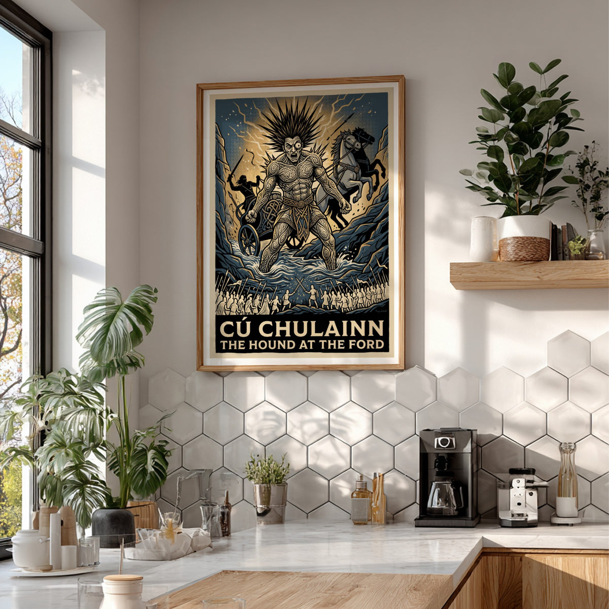 Poster of Cú Chulainn, the legendary Irish hero, standing in a river with knotwork.
