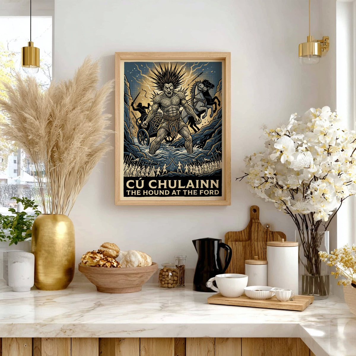 Poster of Cú Chulainn, the legendary Irish hero, standing in a river with knotwork.
