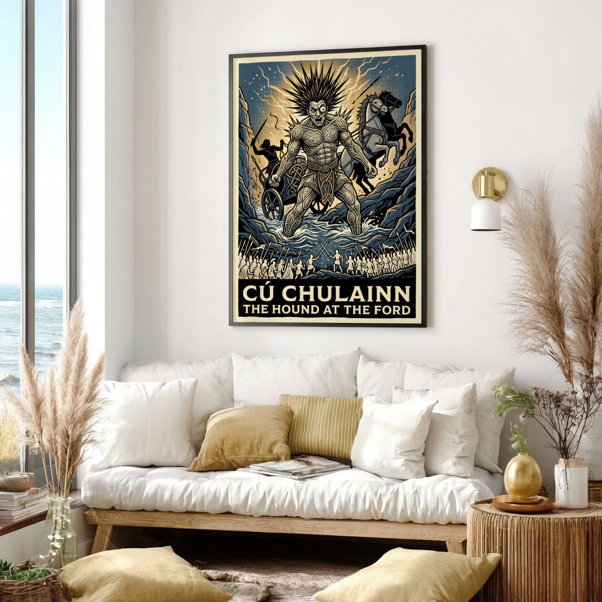 Poster of Cú Chulainn, the legendary Irish hero, standing in a river with knotwork.