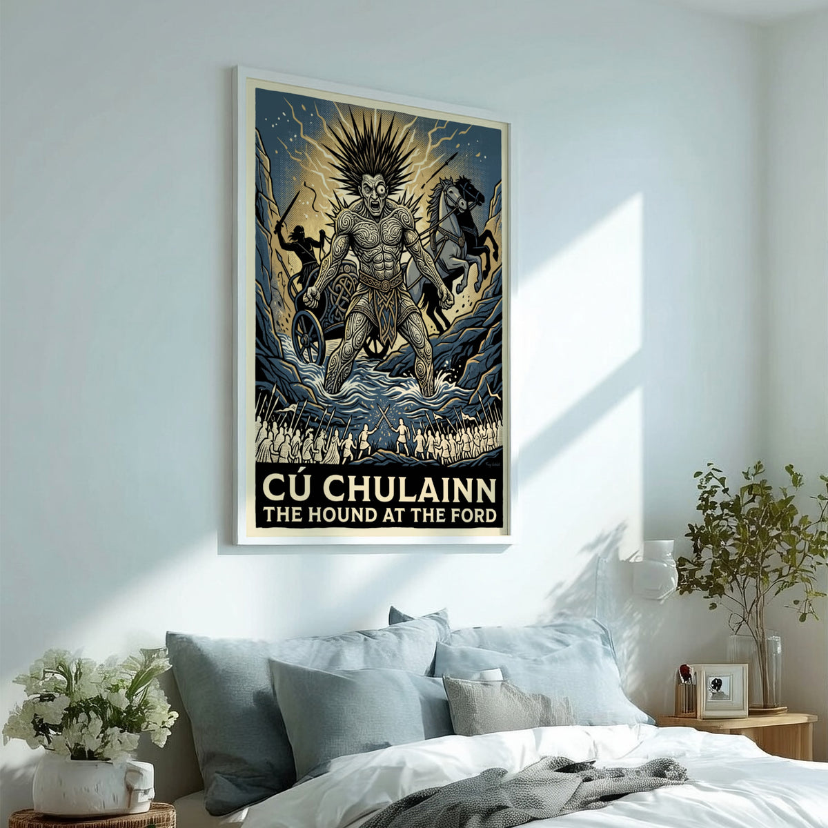 Poster of Cú Chulainn, the legendary Irish hero, standing in a river with knotwork.