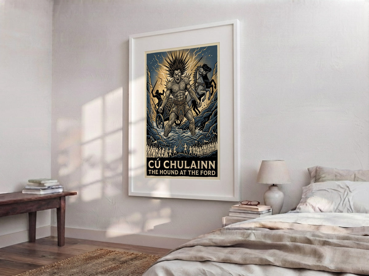 Poster of Cú Chulainn, the legendary Irish hero, standing in a river with knotwork.