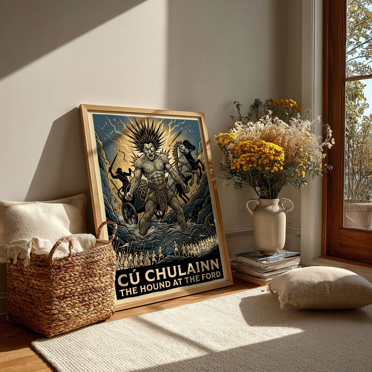 Poster of Cú Chulainn, the legendary Irish hero, standing in a river with knotwork.